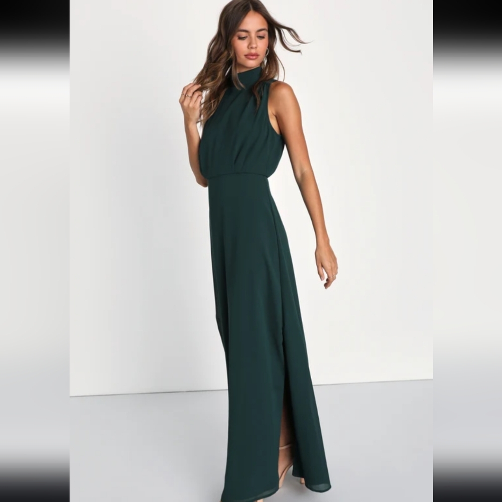 Lulus Classic Elegance Emerald Chiffon Sleeveless Mock Neck Maxi Dress - Picture 3 of 6